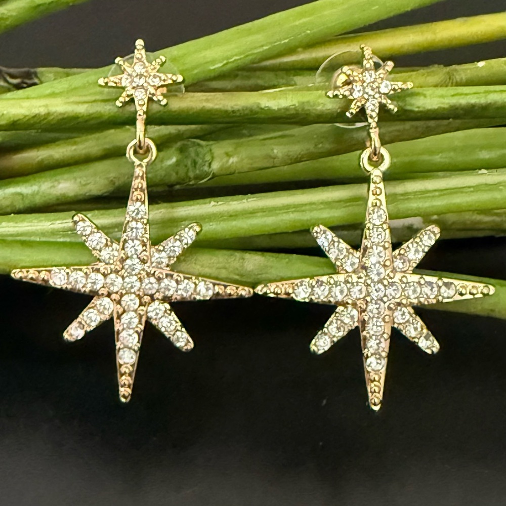 Unsigned Gold-tone Double Star Burst Drop Earrings 7g.